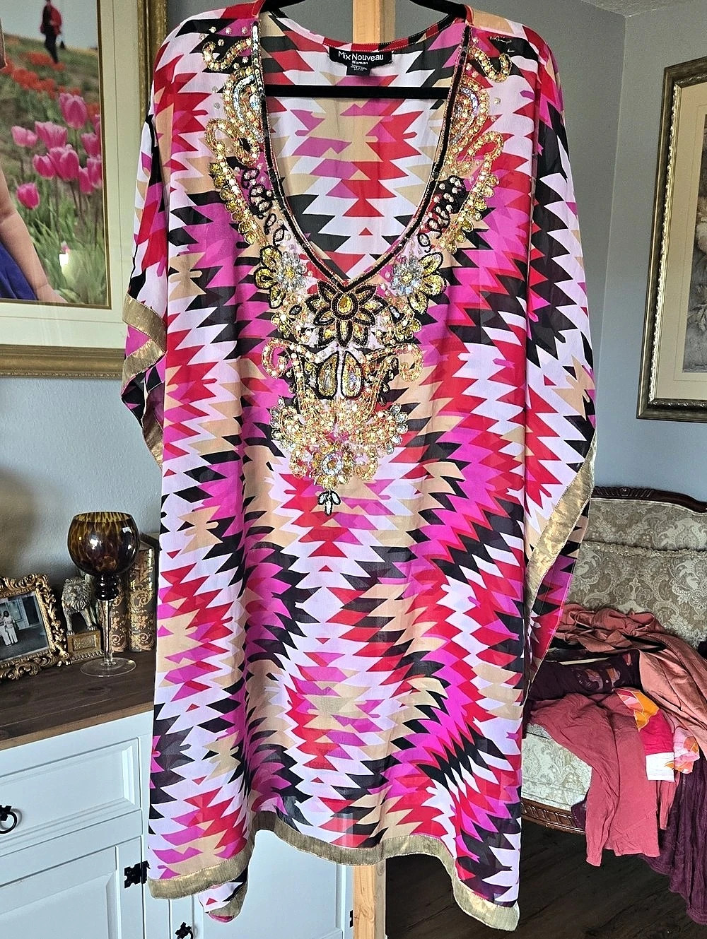 Mix Nouveau Geometric Embellished Tunic in Pink & Black Size 3X Like New